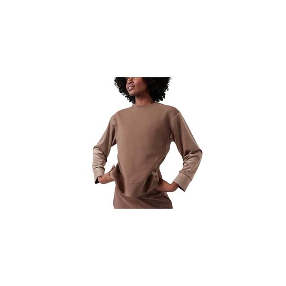 ATHLETA Retroplush Velvet Womens Medium Crewneck Sweatshirt Side Snaps Brown - Picture 1 of 10